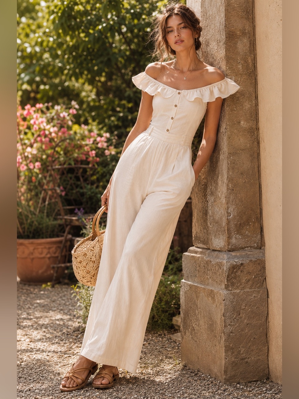 Mustard Seed Cotton Off Shoulder Ruffle Wide Leg Jumpsuit Cream S